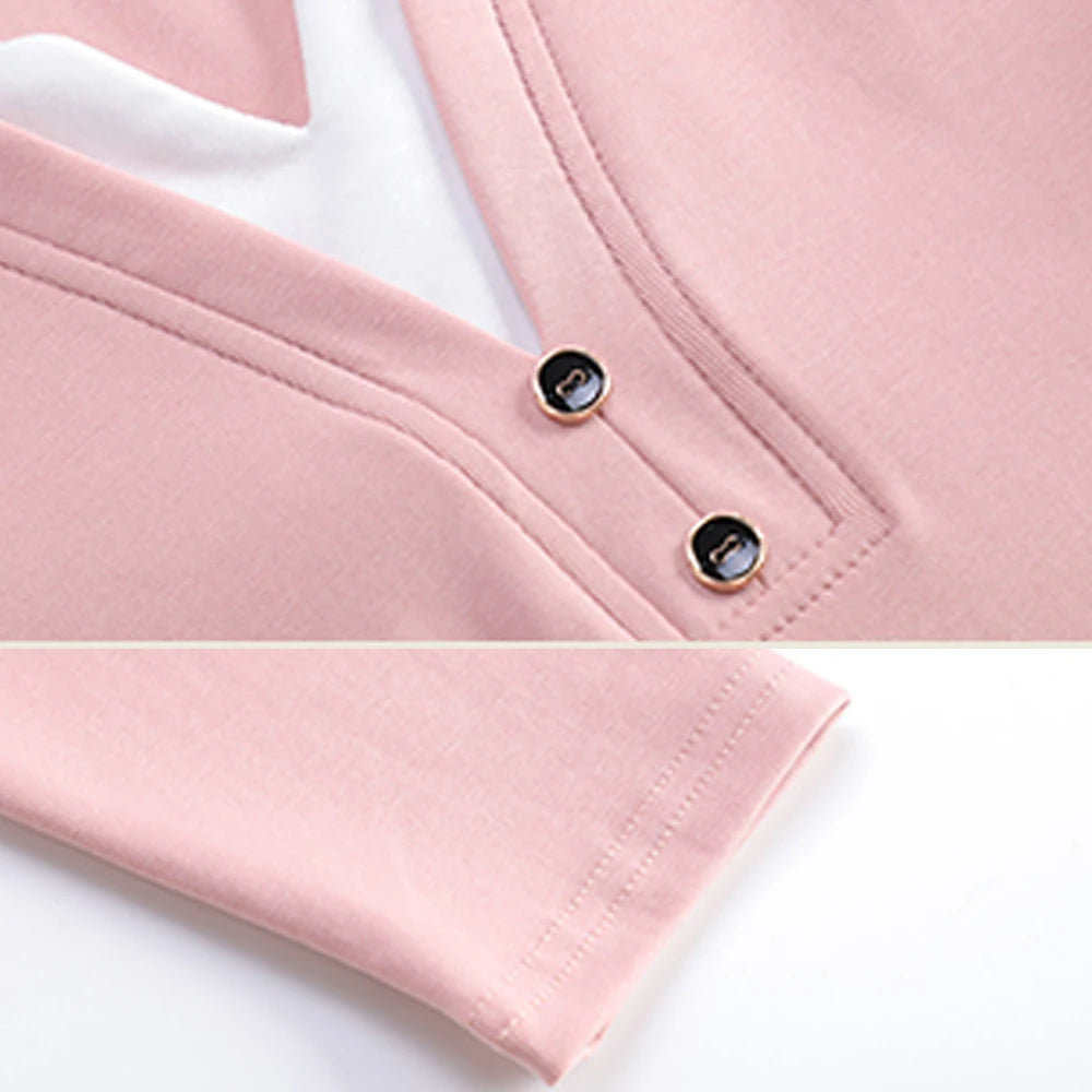 Korean style pink long sleeved t-shirt for women's autumn new cotton fashion plus size button slim fit fake two-piece V-neck top