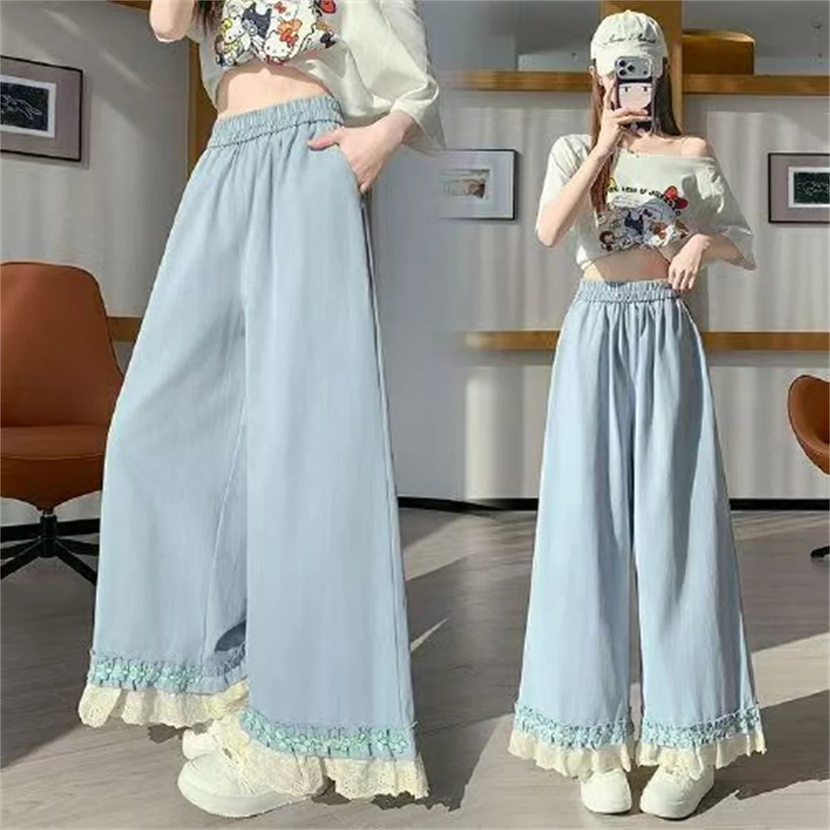 Korean New Fashion Summer Women Trousers Layered Lace Patchwork Elastic Waist Loose Soft Ruffle Ankle-Length Pants Cute