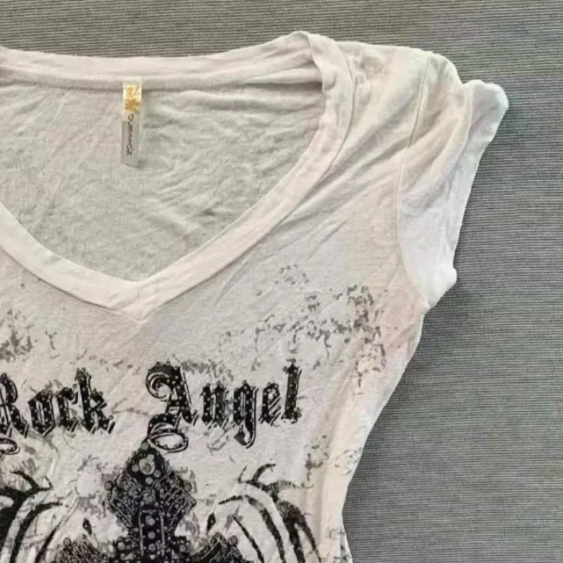 American vintage distressed printed T-shirt, Harajuku style slim short-sleeve T-shirt, punk high street trendy women's top