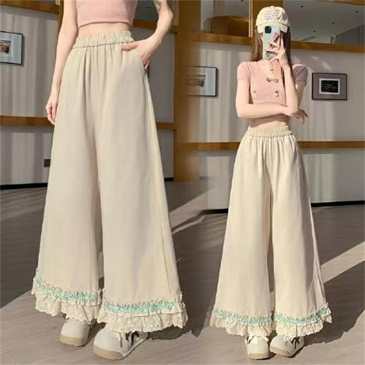 Korean New Fashion Summer Women Trousers Layered Lace Patchwork Elastic Waist Loose Soft Ruffle Ankle-Length Pants Cute
