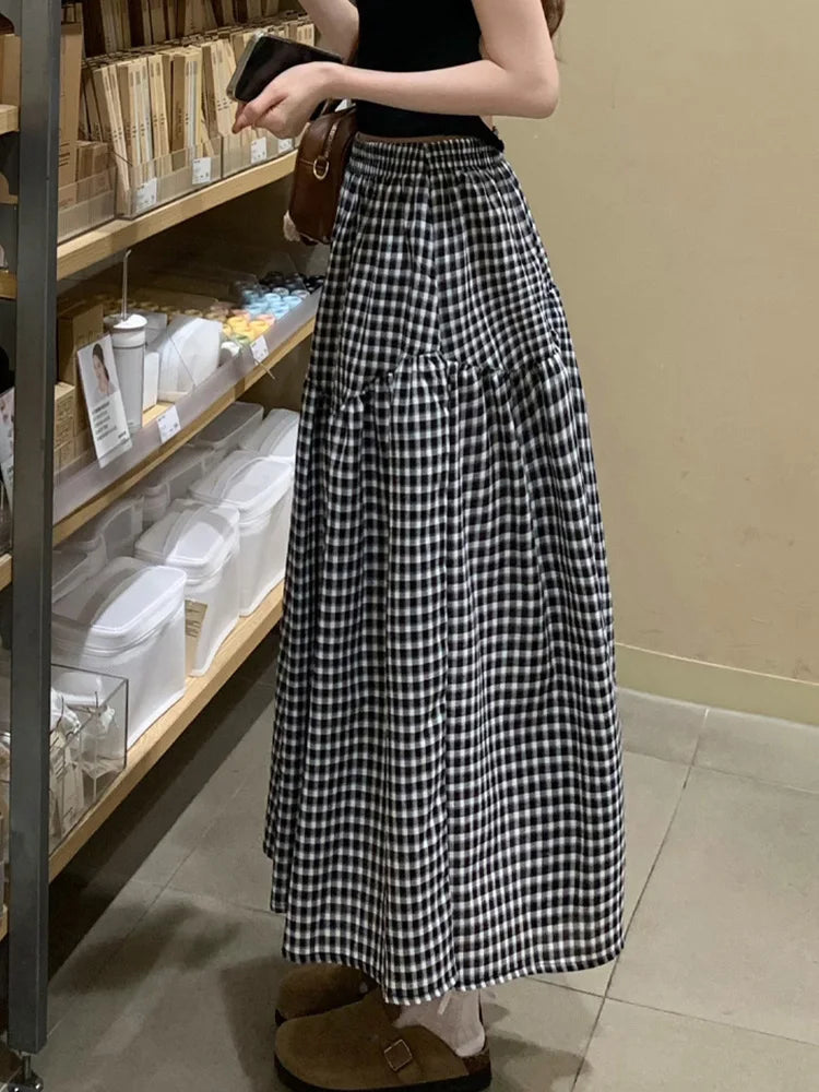Women Sweet Plaid Long Skirt Summer Loose High Waist Vintage A Line Skirts Casual Retro Korean Preppy Style Cute Long Skirts New