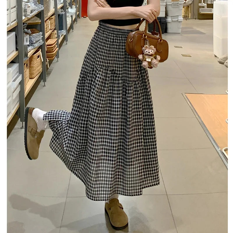 Women Sweet Plaid Long Skirt Summer Loose High Waist Vintage A Line Skirts Casual Retro Korean Preppy Style Cute Long Skirts New