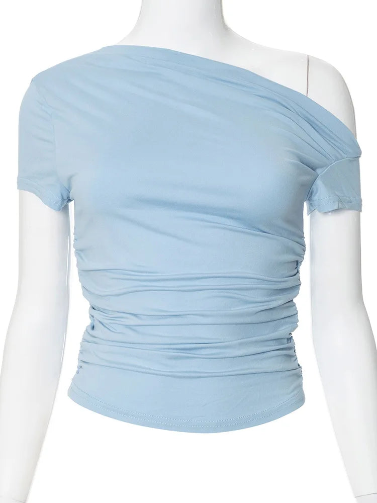 Solid Color High Elasticity Fabric Slash Shoulder Short Sleeve Pleated Navel Reveal Top for Women Casual Shrinkage Top