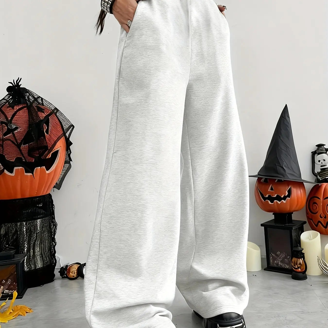 Women'S Casual Wide-Leg Joggers with Elastic Waistband Pockets Solid Color Stretchy Comfort Fit All-Season Comfort